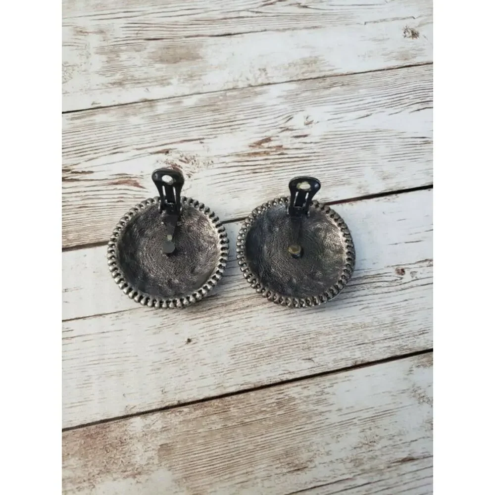 Vintage Clip On Earrings - Greeny Blue Large Circle Statement